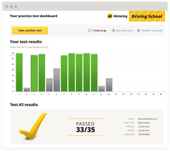 Screen grab example of the AA Motoring Driving School Practice test results 