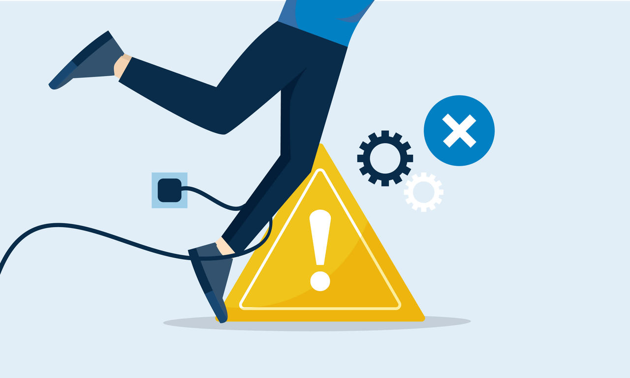 Illustration of cartoon legs tripping over a yellow hazard sign