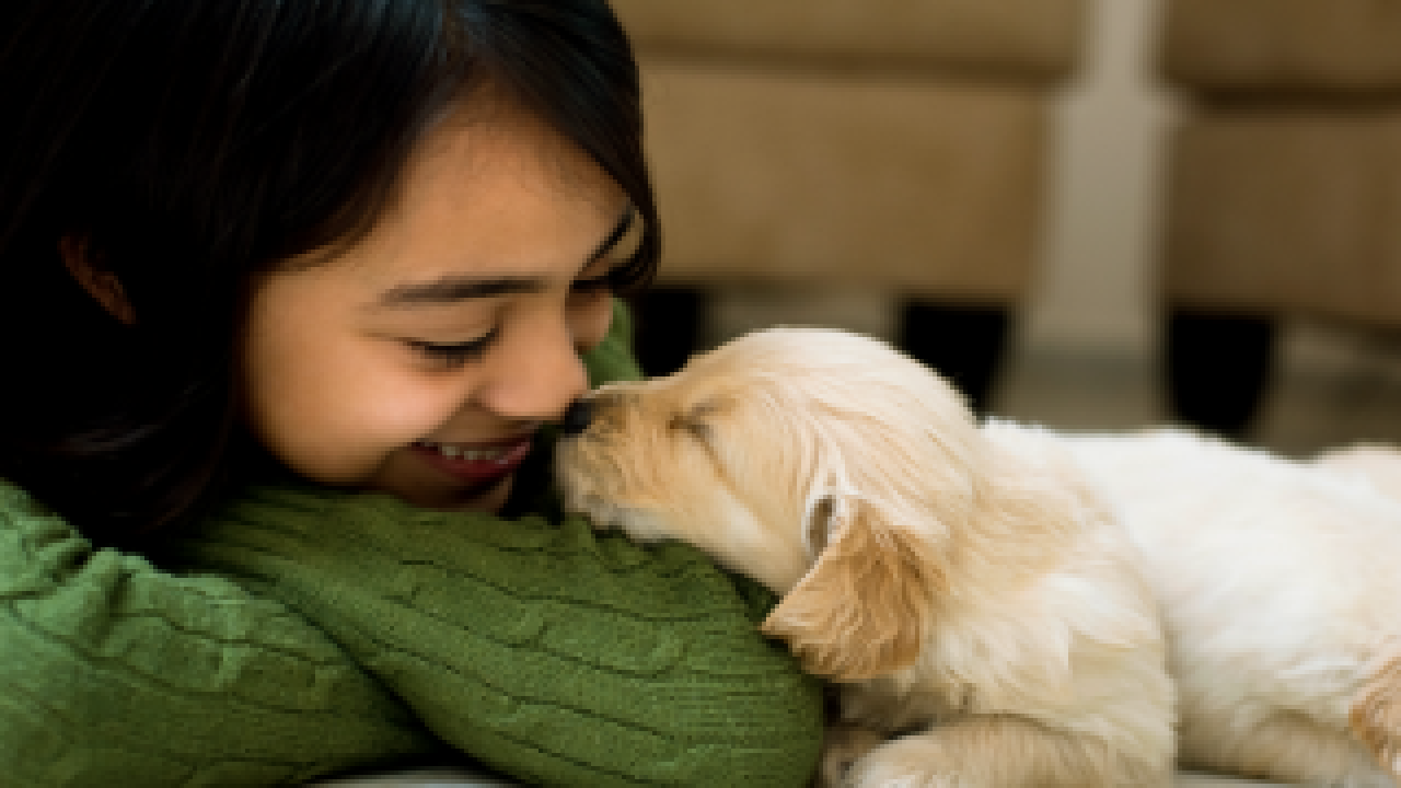 A girl wearing a green cardigan smiling at her puppy napping