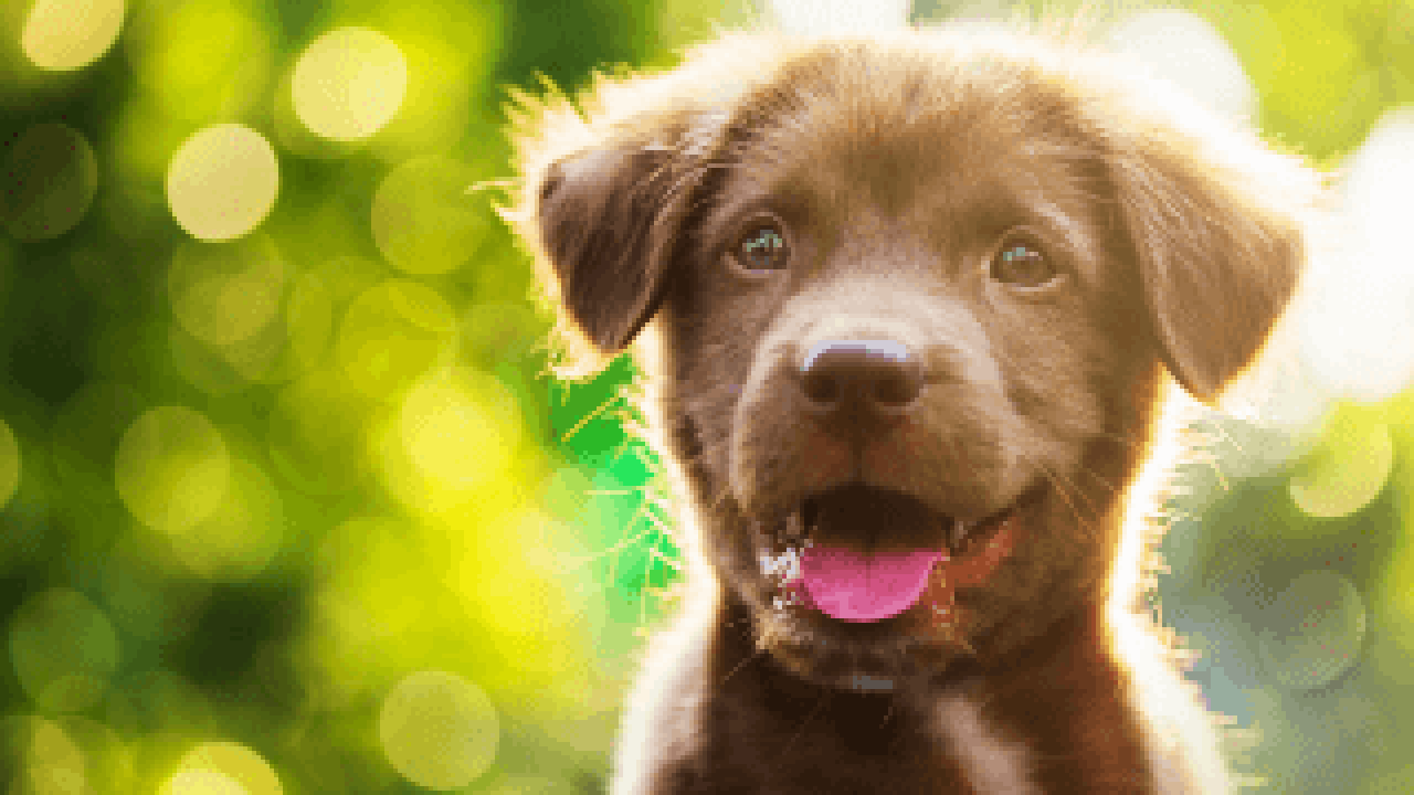 A brown puppy smiling at the camera