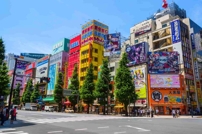 Street view of colourful buildings in Akihabara, Japan