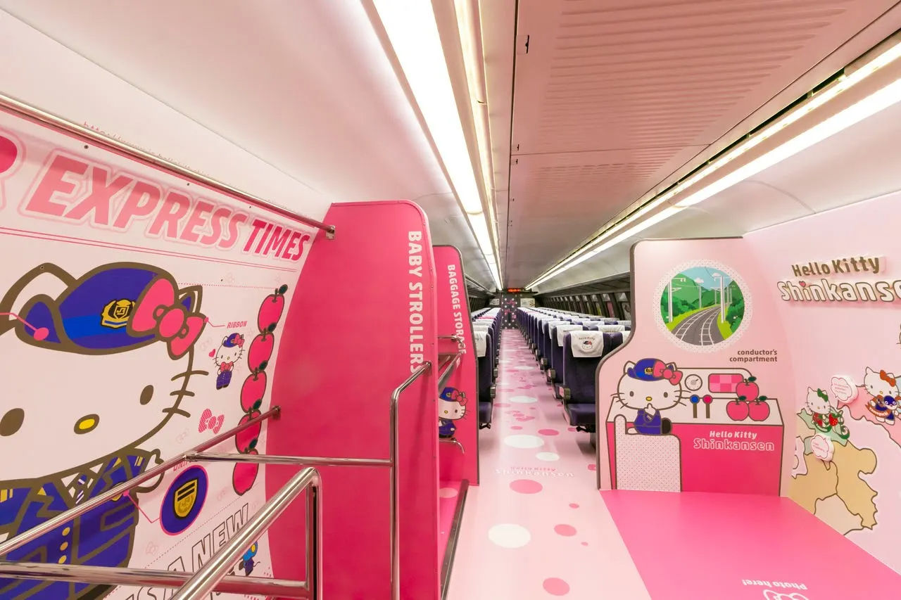 A photo of the interior of the Hello Kitty Shinkansen train