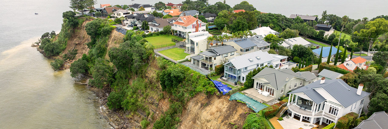 Coastal cliff erosion in Stanley Point, Auckland.