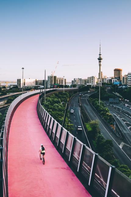 A cyclist rides over Te Ara I Whiti, the pink cycle path in Auckland.