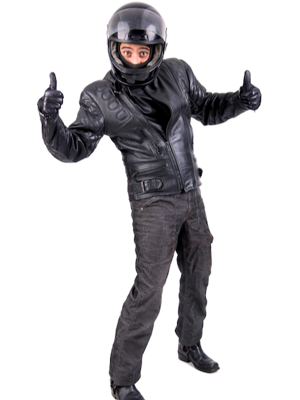 Biker in leather jacket with helmet isolated in white