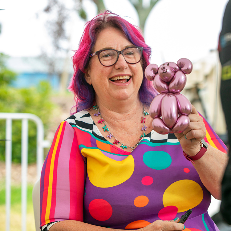 Flossie and a pink balloon bear