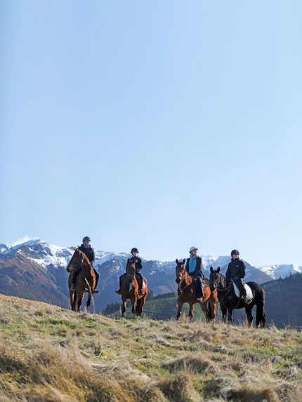 Four horse riders looking across a mountain vista.