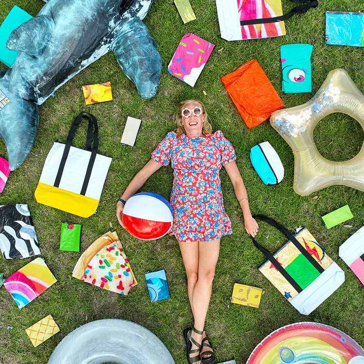 Nina Darrah with an array of punctured pool toys that she has saved from landfill.
