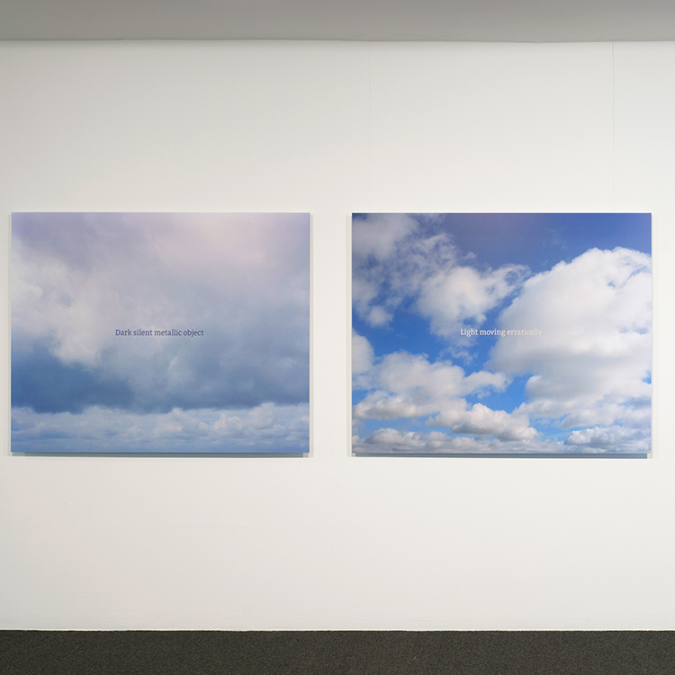 Carlyine Boreham's work showing images of clouded sky and text descriptions of UFO sightings