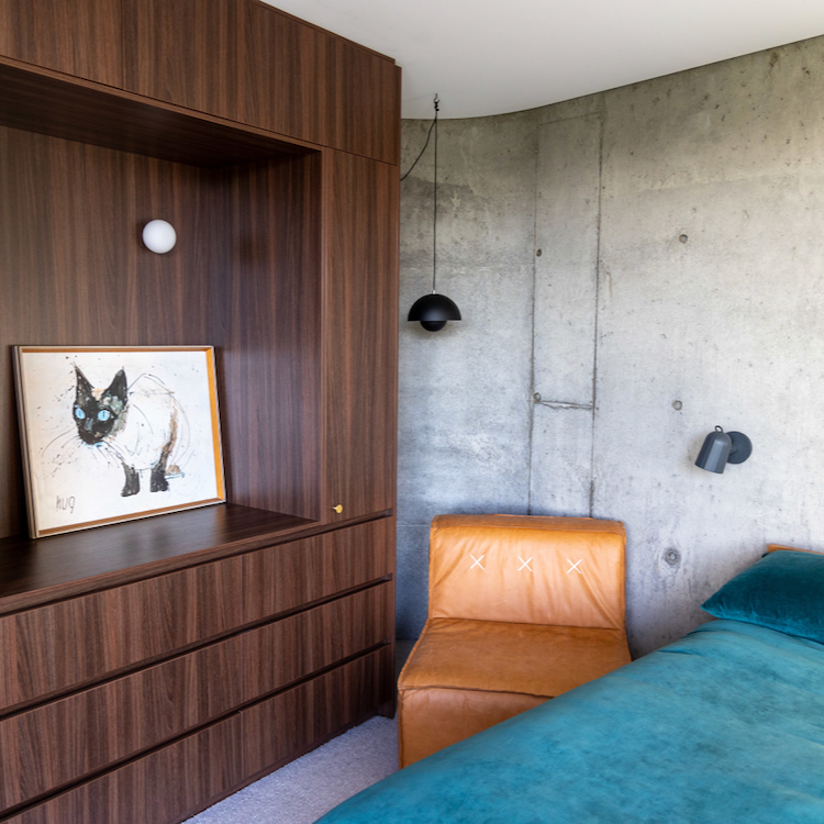 A stylish bedroom in Nick and Vanessa's Matamata house. 