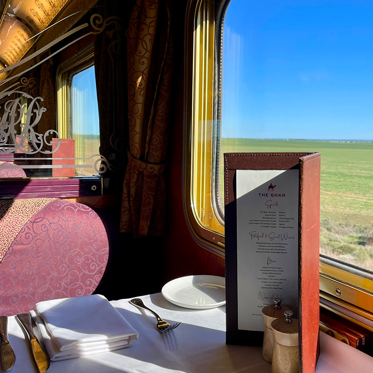 The luxurious dining car onboard The Ghan.