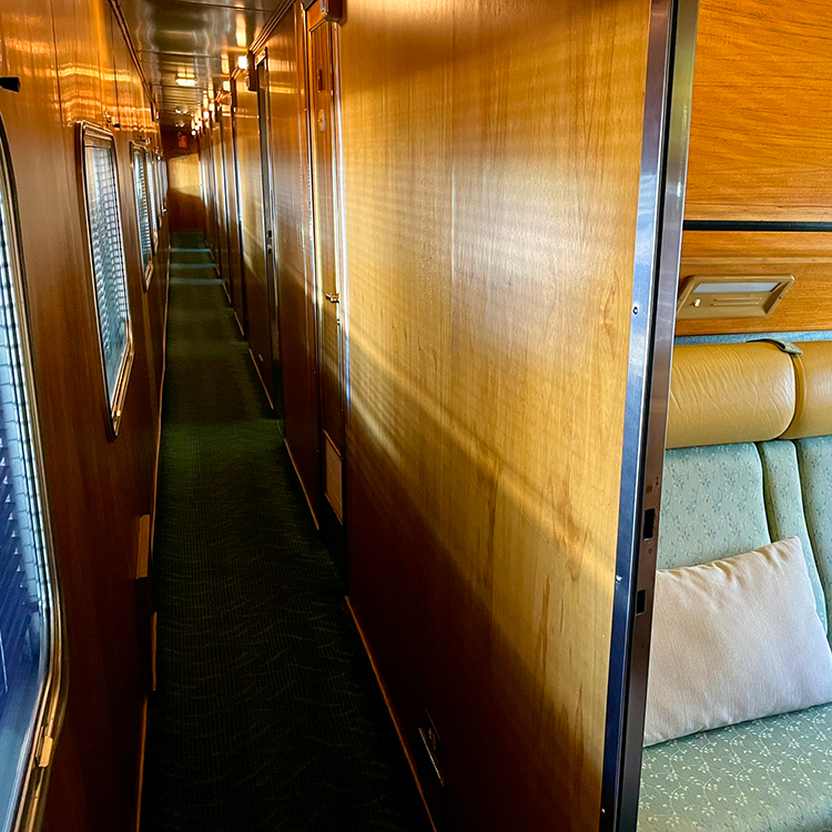 The narrow corridor onboard The Ghan.