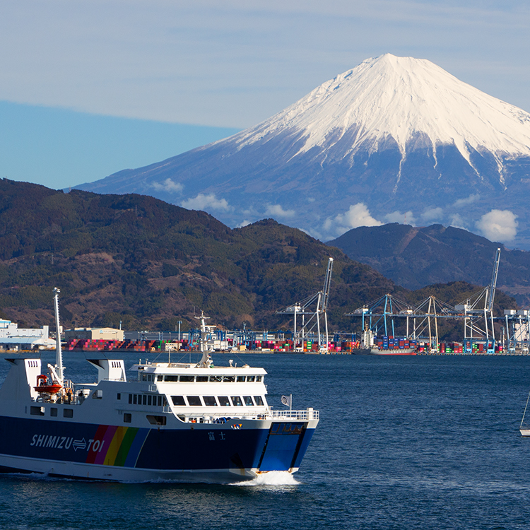 Harbour with Mount Fuji in the foreground.