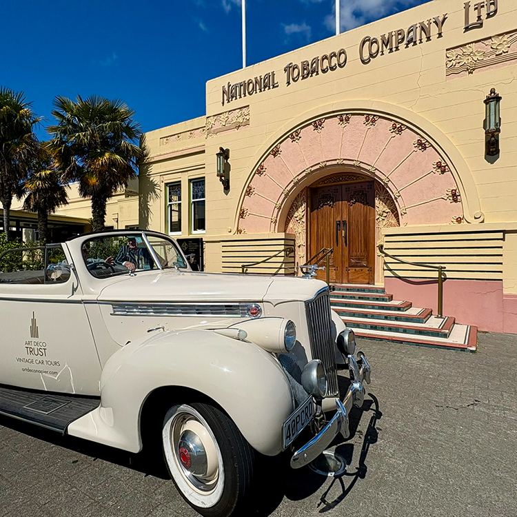 Outside the iconic National Tobacco building in Napier on an Art Deco tour. Photo by Jo Percival.