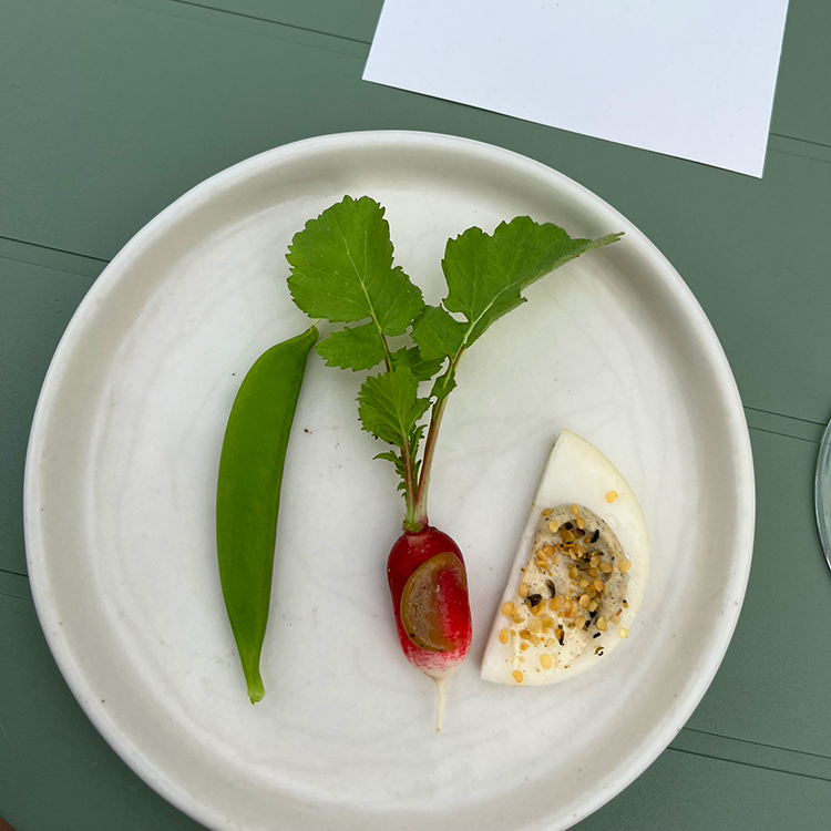 The Agrarian Kitchen in New Norfolk’s welcome snack consisted of Japanese turnip, snap pea and radish.