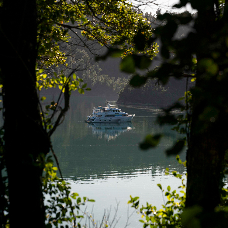 The Heritage Explorer at anchor in the Marlborough Sounds.