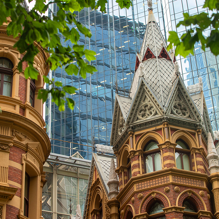 The juxtaposition of historic and contemporary architecture in Melbourne. Photo by Tim Cuff.