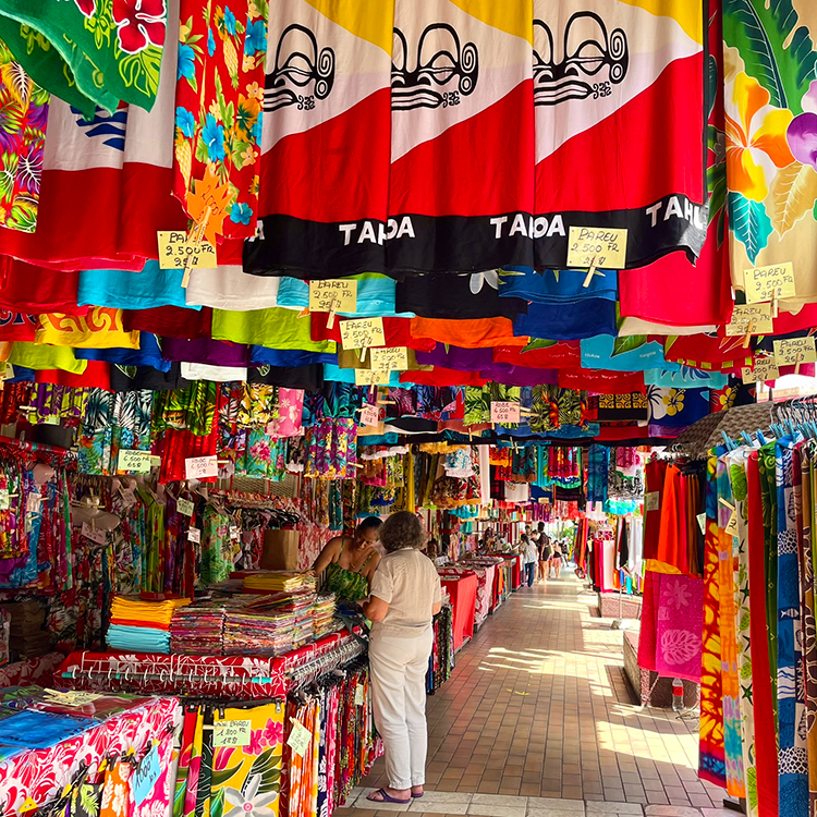  Bright pareos for sale at the Papeete Market. Photo by Jo Percival.