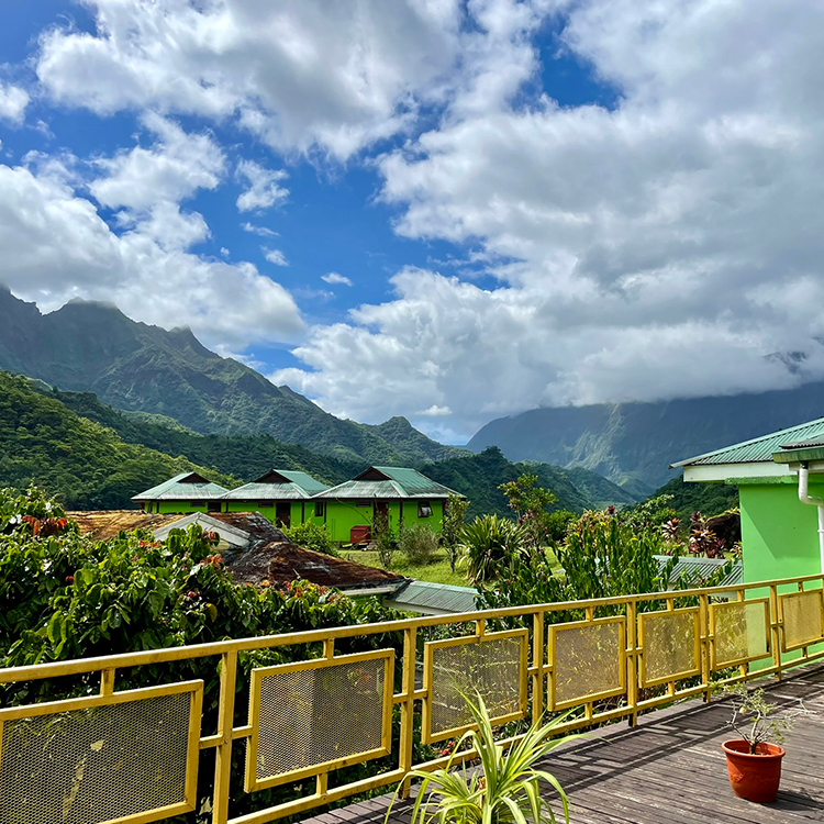  Lunch is at a restaurant in the middle of nowhere, with Mount Orohena in the distance. Photo by Jo Percival.