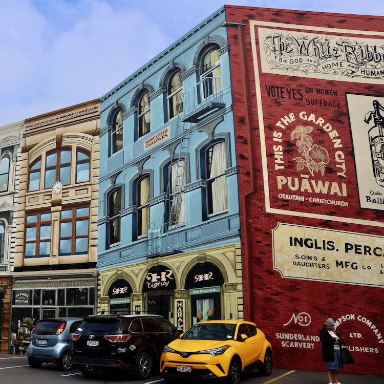 The giant mural on the back of Christchurch's Riverside Markets building.