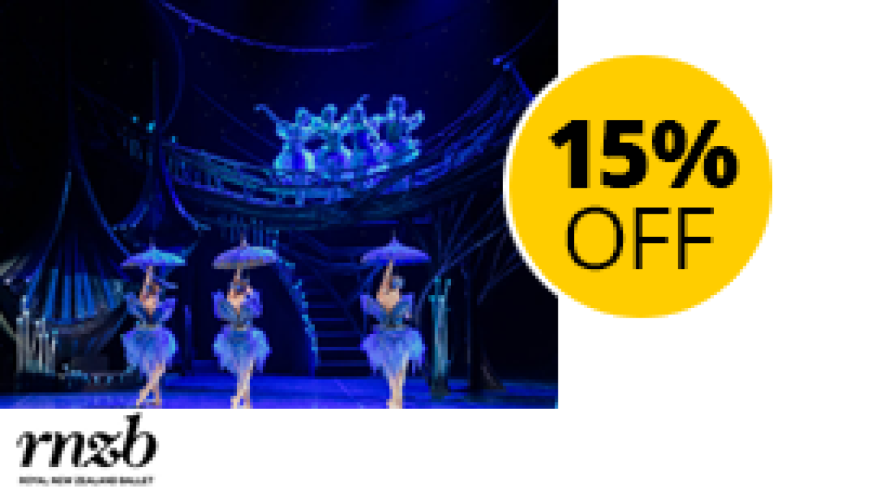 15% off sticker overlaying an photo of ballerinas on stage