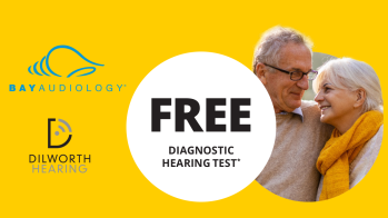 Free Diagnostic Hearing Test promotion from Bay Audiology with an elderly couple smiling together