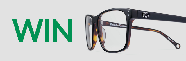 Win word written in green colour next to brown and black glasses