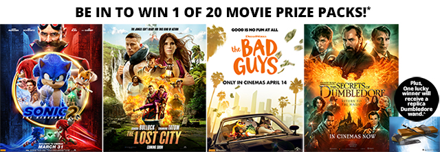 Be in to win 1 of 20 movie prize packs photo containing posters of some movies 