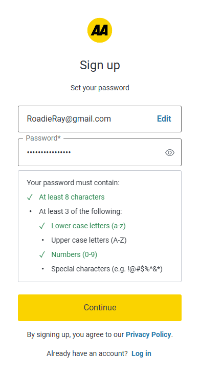 Screenshot of the sign up page