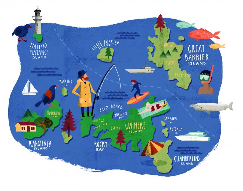 Illustrated map of the Hauraki Gulf Islands