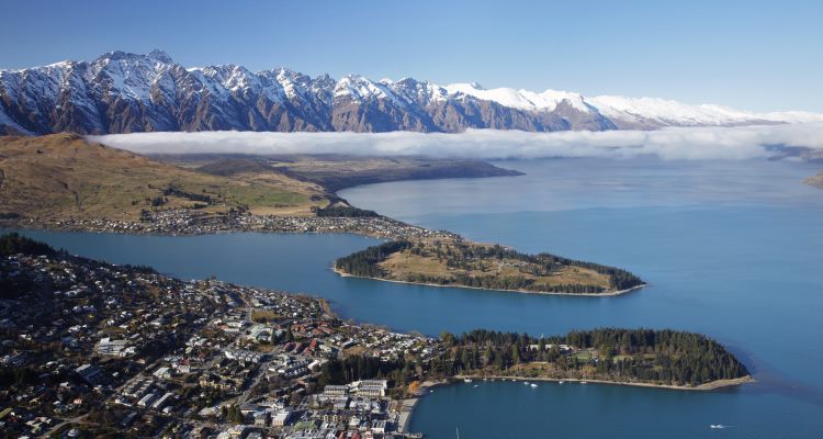 Aerial view of The Remarkables, Lake Wakatipu, and Queenstown