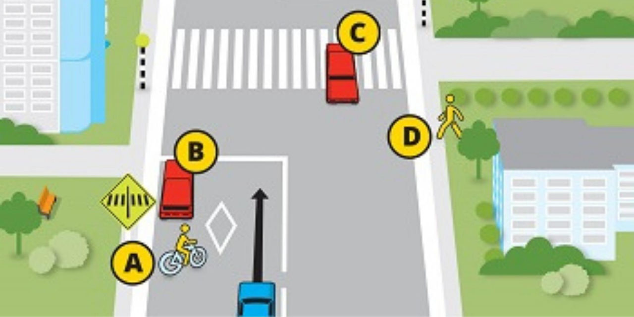 Diagram of an urban street intersection showing road users labelled A, B, C and D. A cyclist (A) is travelling along a cycle lane beside a red vehicle (B). Another red vehicle (C) is positioned at a pedestrian crossing ahead, and a pedestrian (D) is waiting at the roadside near the crossing. The road includes marked cycle lane symbols, a pedestrian crossing, directional arrows, and surrounding buildings, trees, and footpaths. The illustration is used to demonstrate road user priority and right-of-way rules.