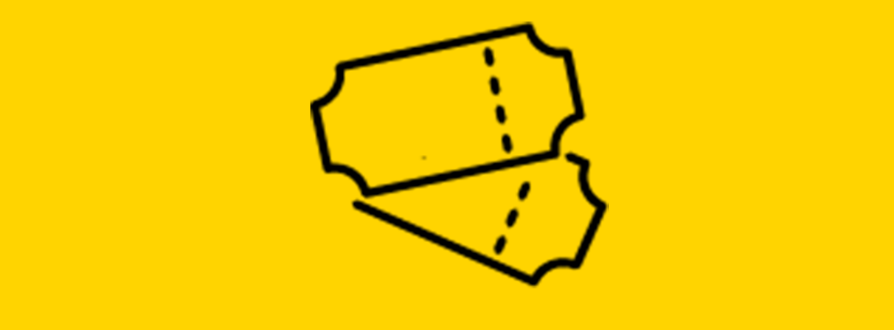 A simple black line icon on a bright yellow background shows two ticket-shaped or rectangular pieces overlapping, with dashed lines across each. One piece is angled below the other, suggesting tearing, separation, or splitting into parts.