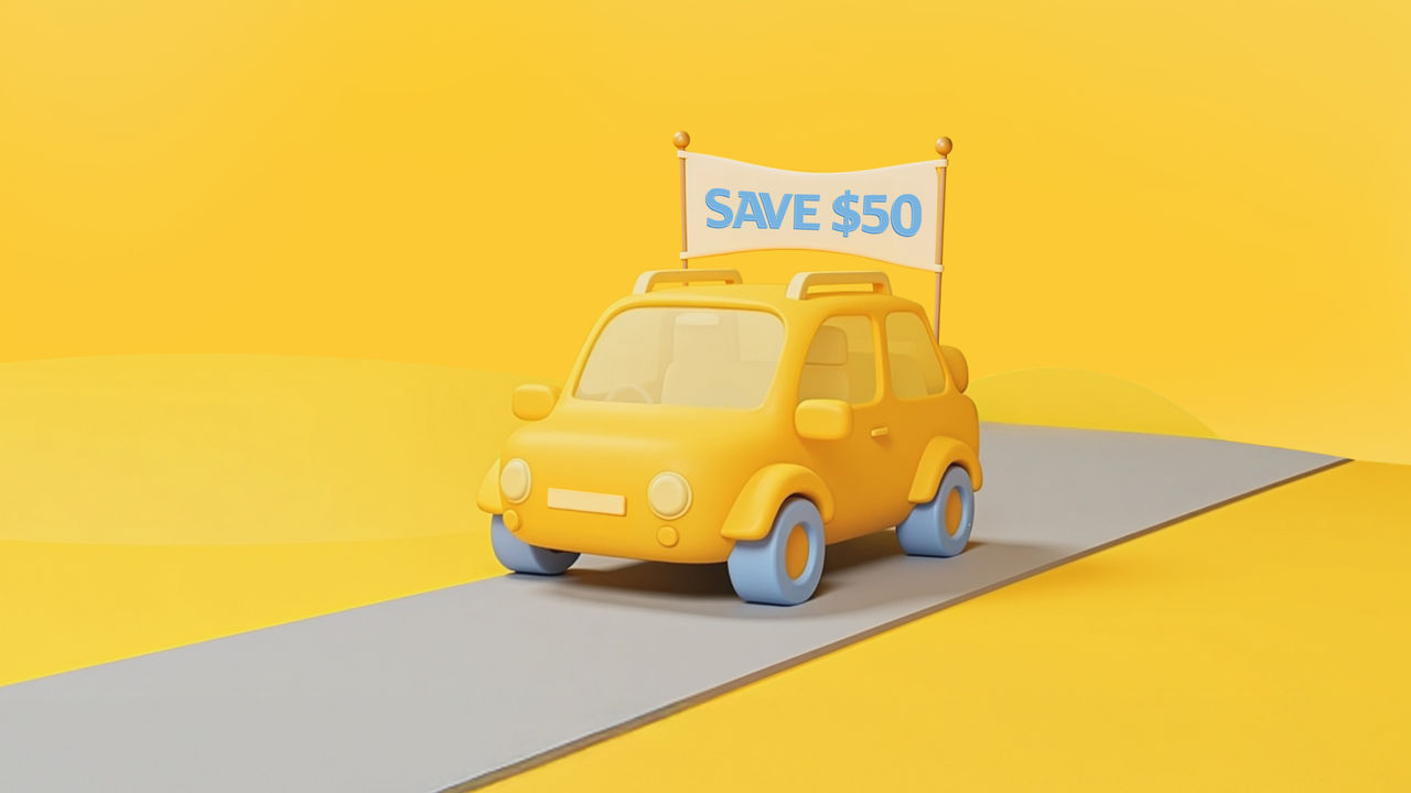 AI generated image of cartoon car on road with Save $50 banner