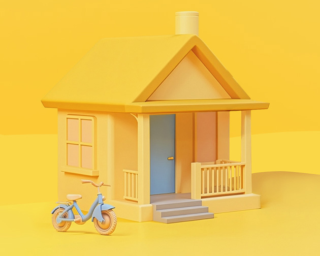 Minimalist 3D illustration of a small yellow house with a pitched roof and front porch, featuring a blue front door and steps, set against a monochromatic yellow background. A light blue bicycle is parked beside the house.