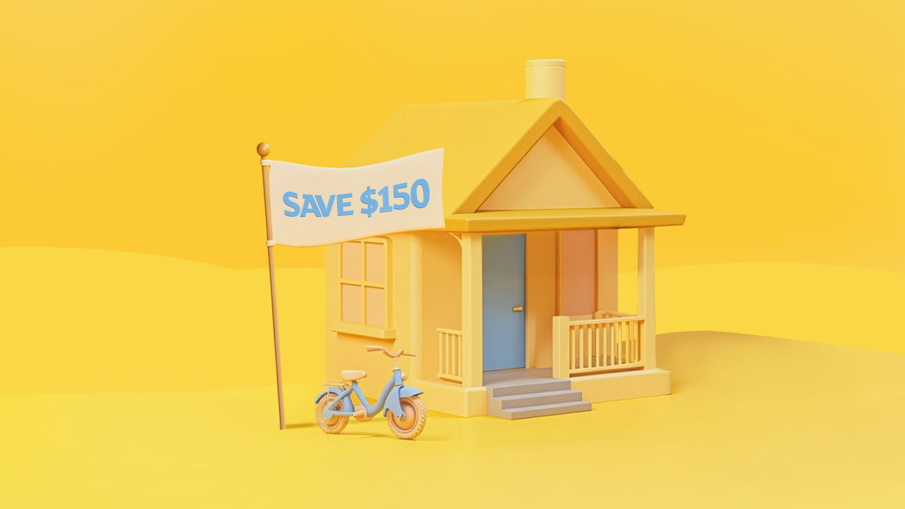 AI generated image of house and bike with Save $150 banner