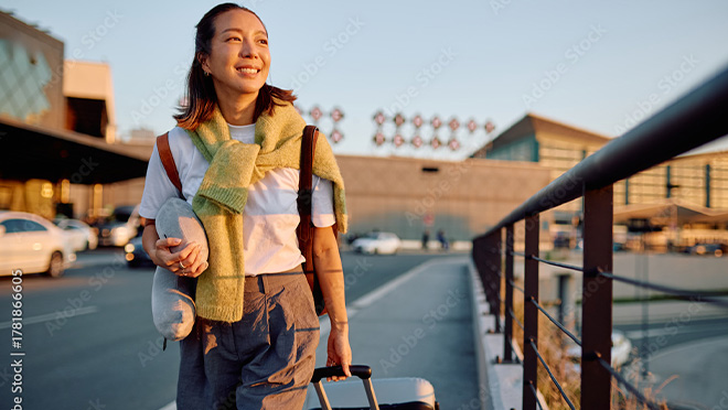 Happy young woman traveler walking with suitcase and neck pillow at an airport at sunset