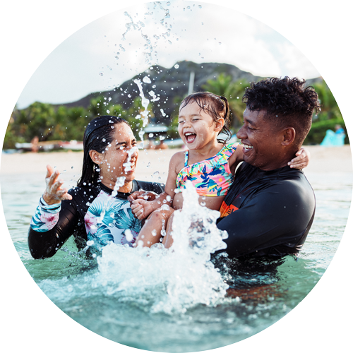 Family splashing water at beach