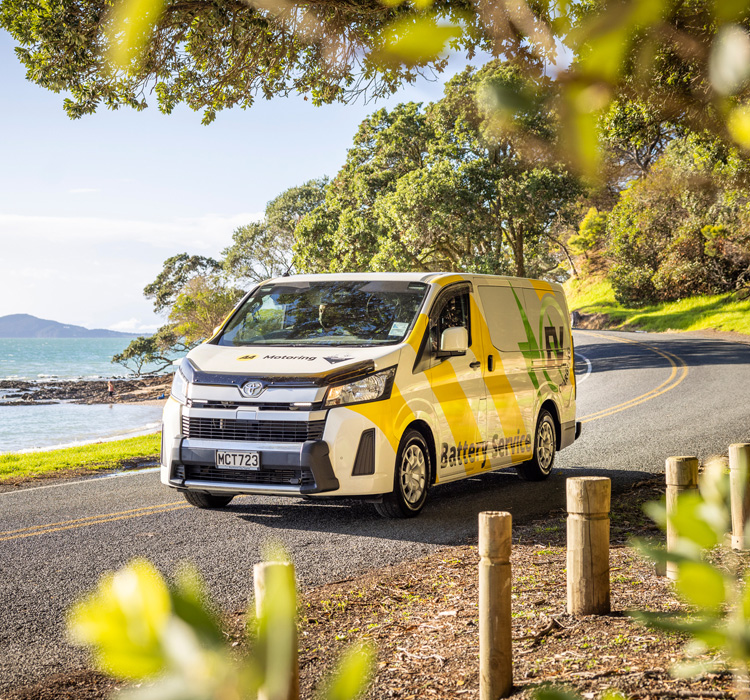 AA Roadservice van on sunny coastal road.