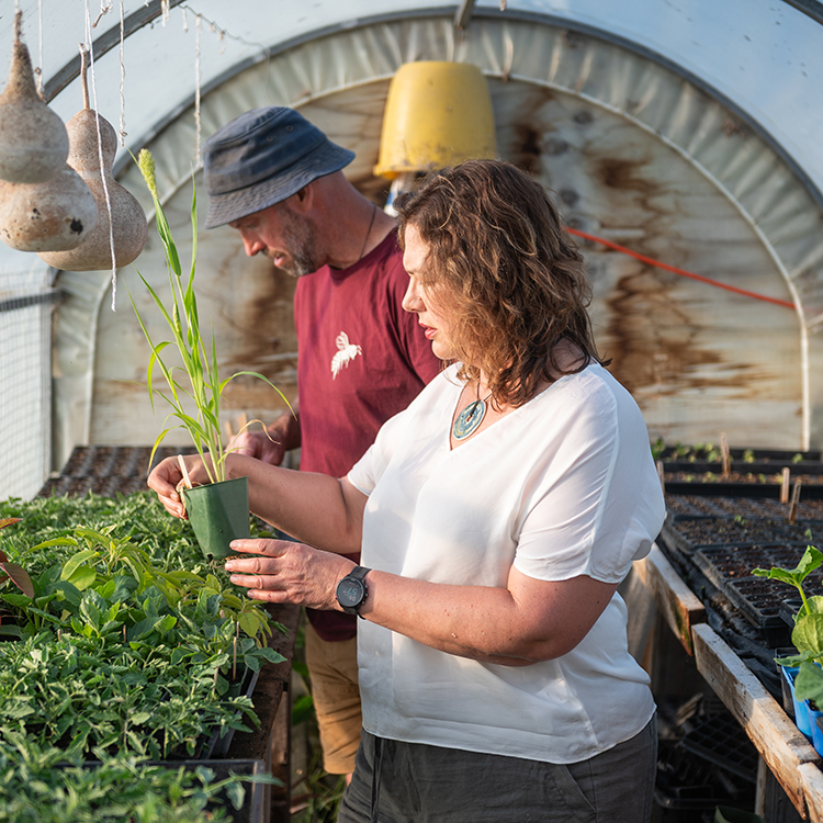 Angela and Nick tend to plants at the Food Farm. Photo by Jim Huang.