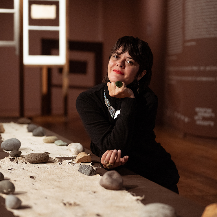 Larissa McMillan in the Wairau Māori Art Gallery. Photo by Michelle Holt. 
