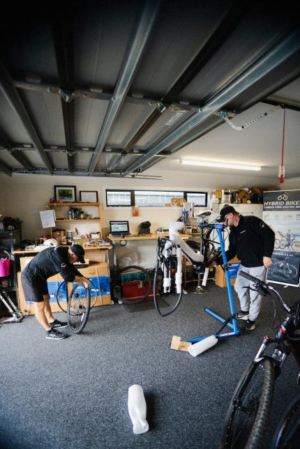 Inside Frank Witowski's garage, the Hybrid Bikes workshop.