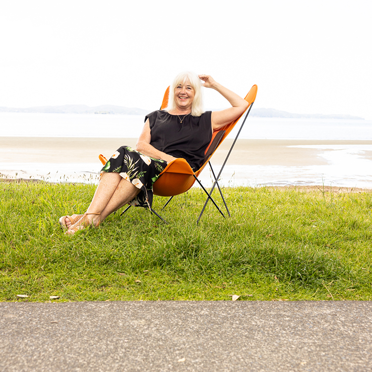 Liz in her butterfly chair