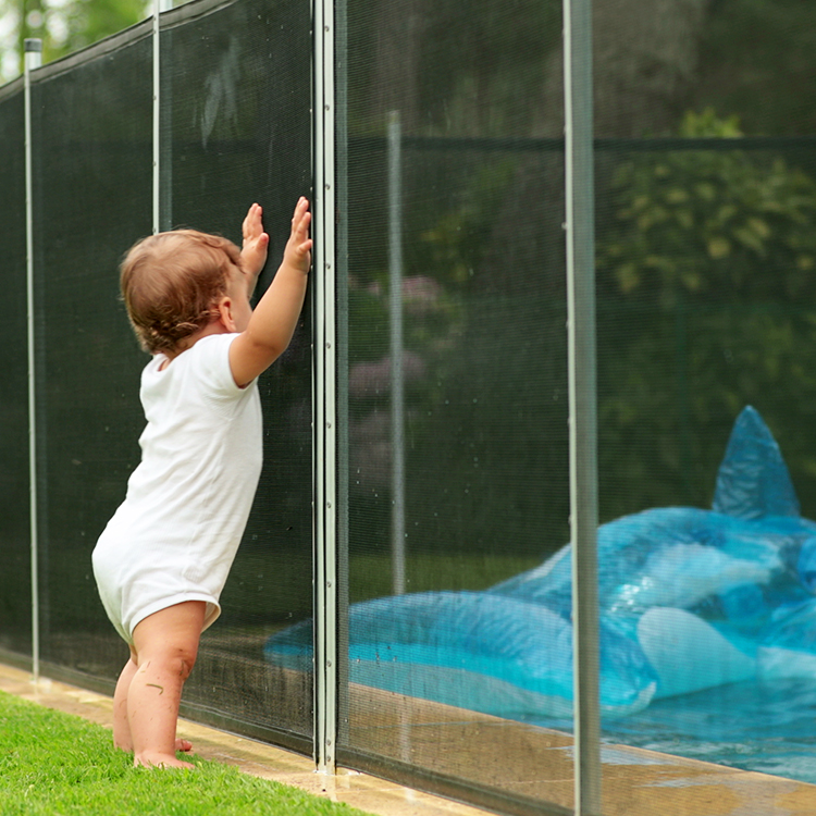 Baby leaning on pool fence