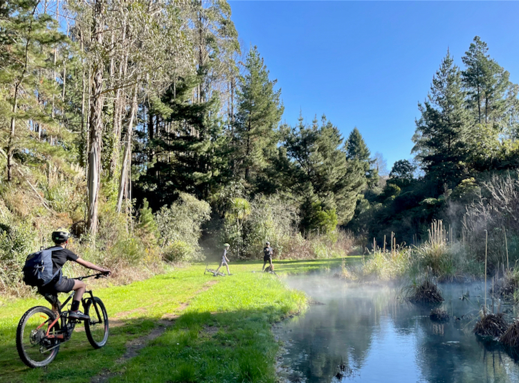 Discovering the geothermal stream in Wairākei on the Huka River Trails. 