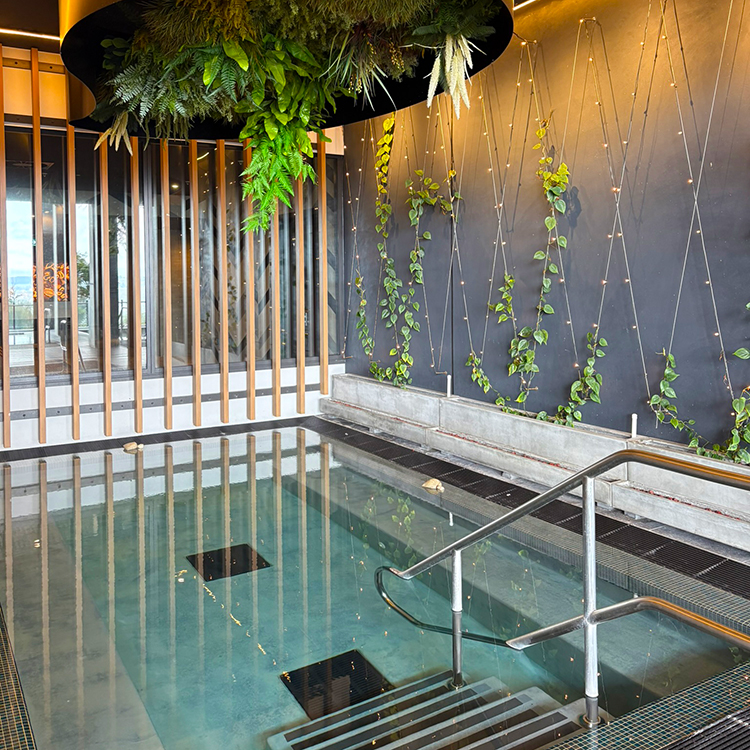 Suspended greenery hangs above a mineral pool at Wai Ariki. Photo by Jo Percival.