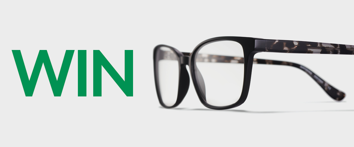 Win word written in bright green colour next to a black glasses
