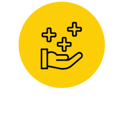 Illustrated hand with plus signs on yellow backdrop 