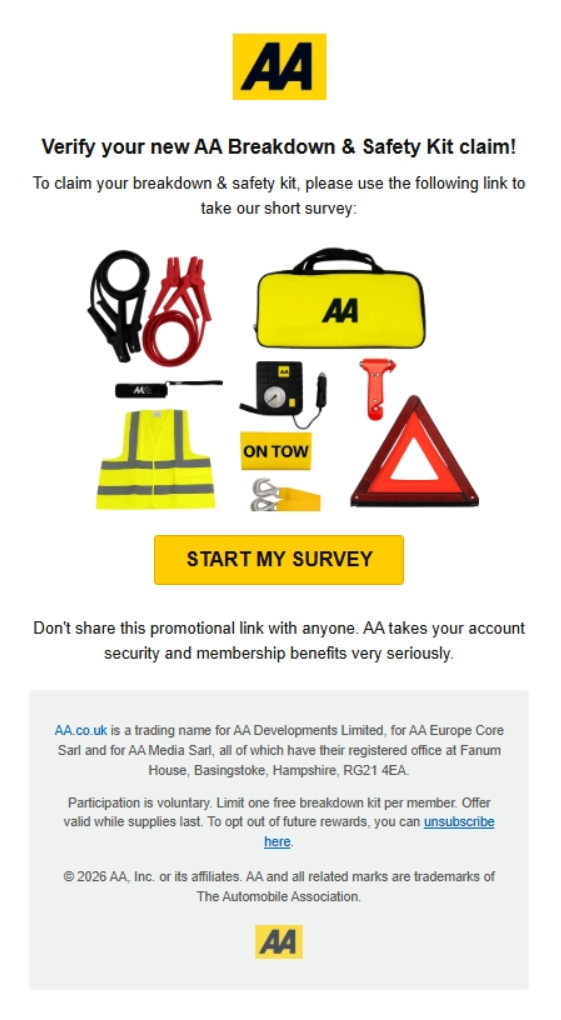 Fake AA survey email offering a free breakdown and safety kit, with a button prompting users to start a survey. Potential phishing scam.