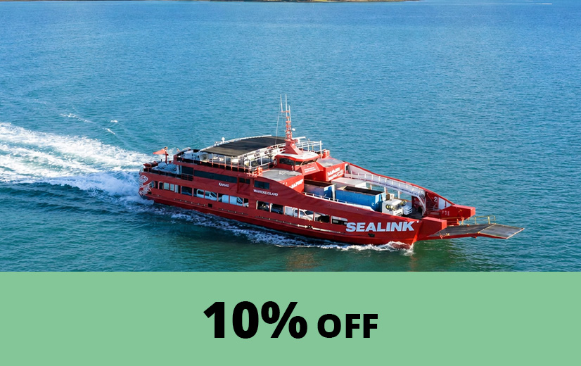 Red SeaLink vehicle ferry traveling across calm blue water, leaving a white wake behind. A green banner at the bottom of the image displays the text “10% OFF” in large black letters.